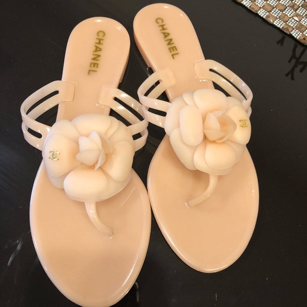 Authentic Chanel pale peach sandals .